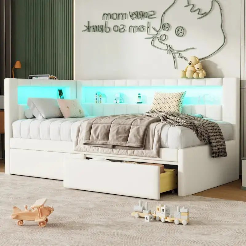 Upholstered Platform Bed Frame Full/Twin With Twin Trundle, USB Ports, LED Lighting, Dual Storage Drawers