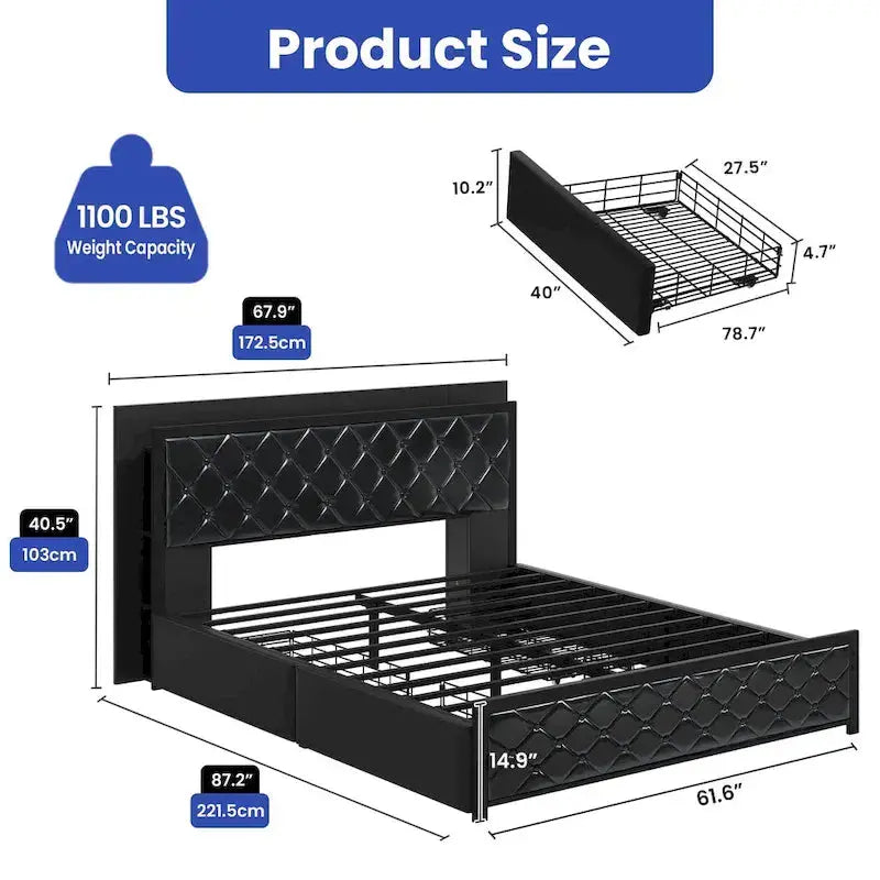 Moasis Queen Upholstered Faux Leather Platform Bed Frame With Headboard, 4 Storage Drawers, RGB LED Lights, USB-C Charging Ports - Black