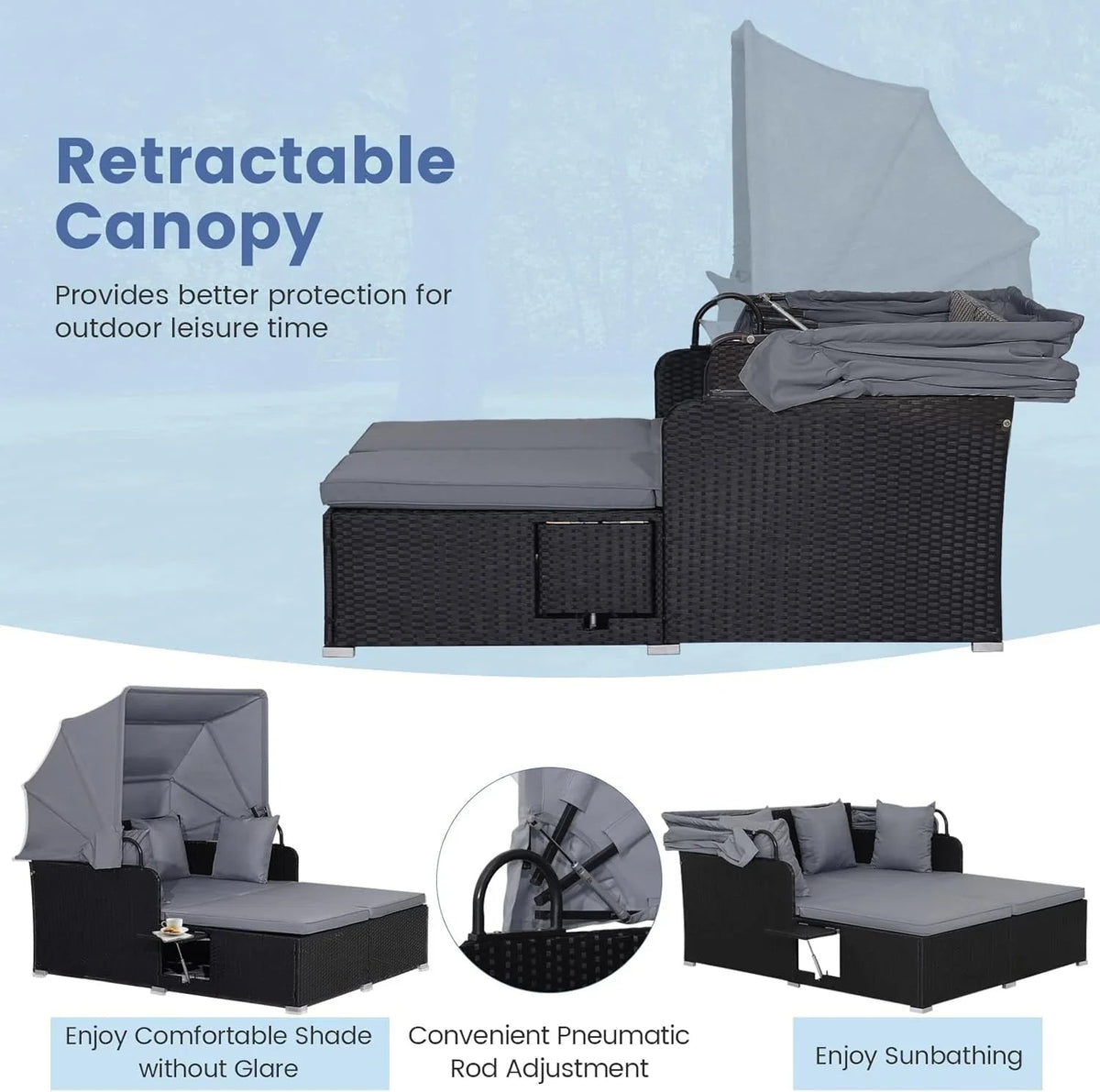 RELAX4LIFE Patio Daybed With Canopy, Cushions, 4 Pillows And 2 Side Trays, Turquoise - B0BYSN7GC7