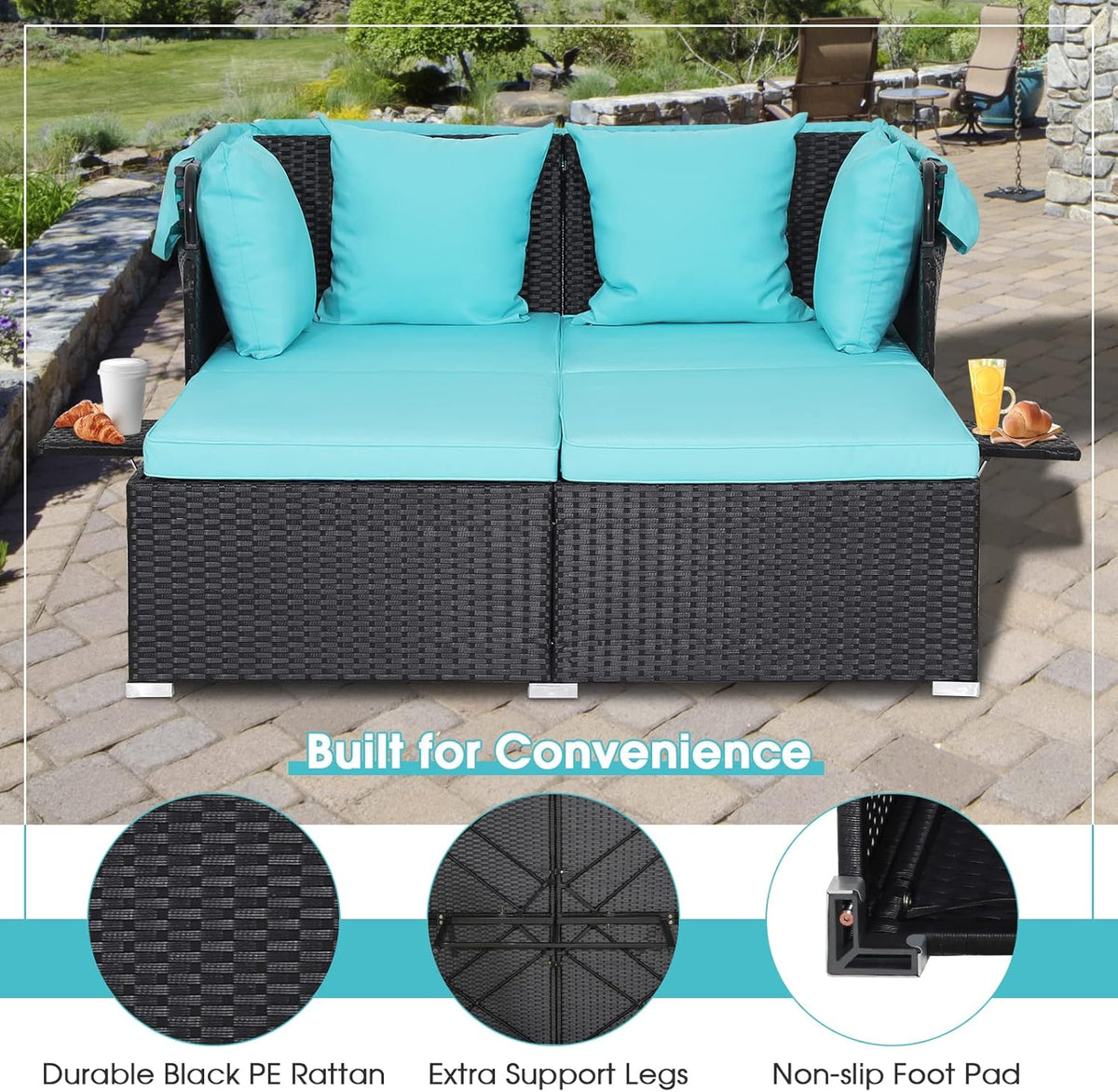 RELAX4LIFE Patio Daybed With Canopy, Cushions, 4 Pillows And 2 Side Trays, Turquoise - B0BYSN7GC7