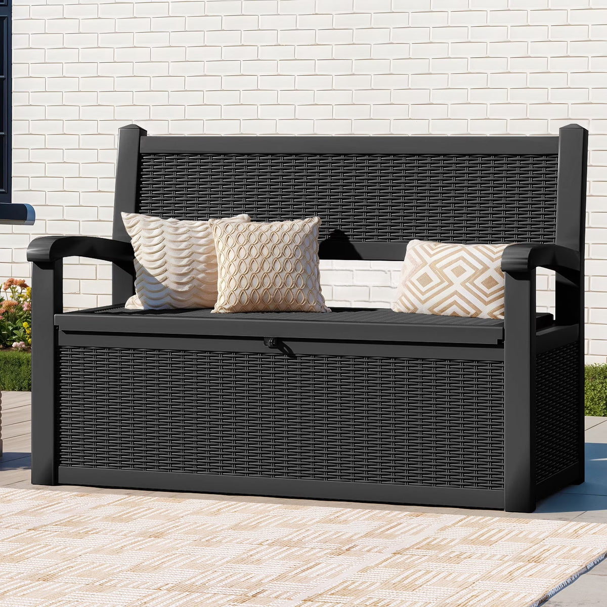 ModFusion 70-Gallon Outdoor Resin Storage Bench With Rattan Backrest, Black - C