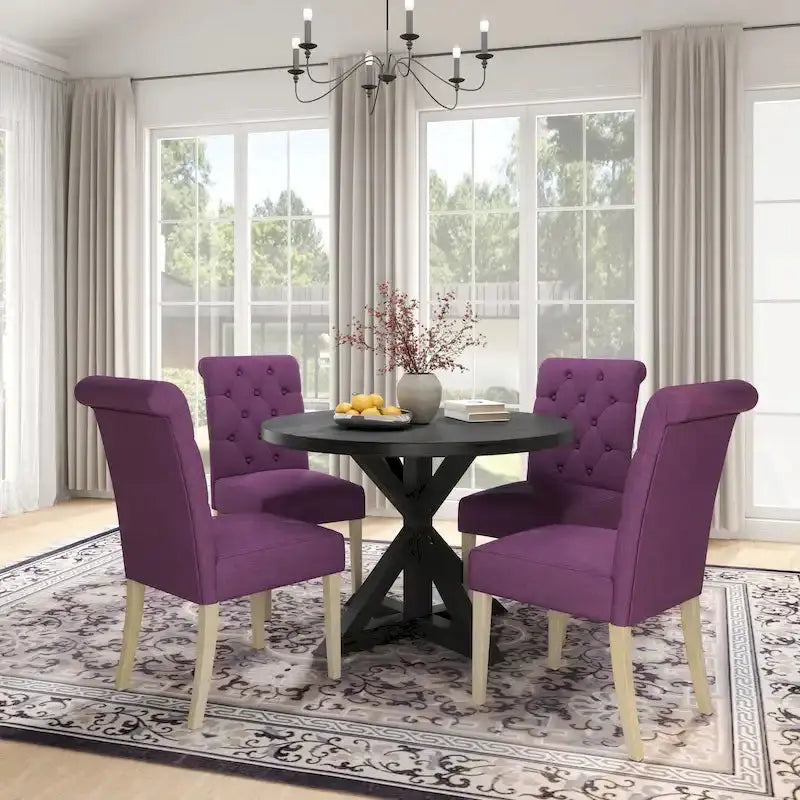 Rustic Wooden 5-Piece Dining Set With Round Cross-Buck Pedestal Table And 4 Tufted Upholstered Chairs - 47.25 x 47.25 x 31.50 in