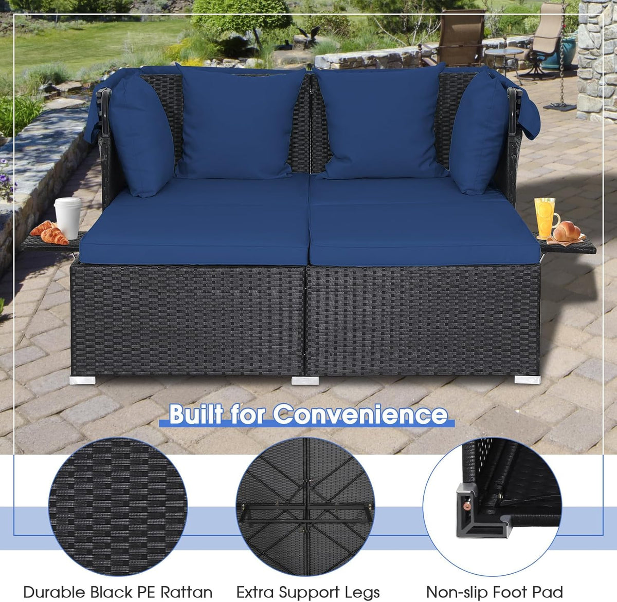 RELAX4LIFE Patio Daybed With Canopy, Cushions, 4 Pillows And 2 Side Trays, Turquoise - B0BYSN7GC7
