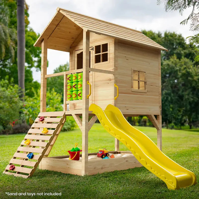 Rovo Kids Wooden Tower Playhouse With Slide, Climbing Wall And Sandpit - PLYCBHRV4NTA