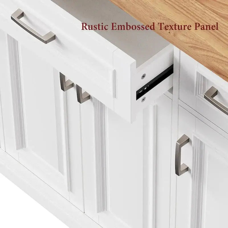 White Rolling Kitchen Island Cart With Drop-Leaf Wood Top, Embossed Finish, Doors And Drawers