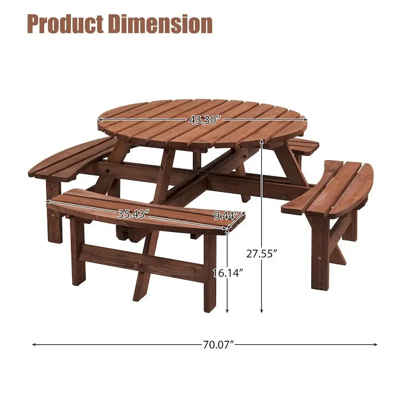 8-Person Fir Wood Round Picnic Table Set With 4 Built-In Benches And Umbrella Hole