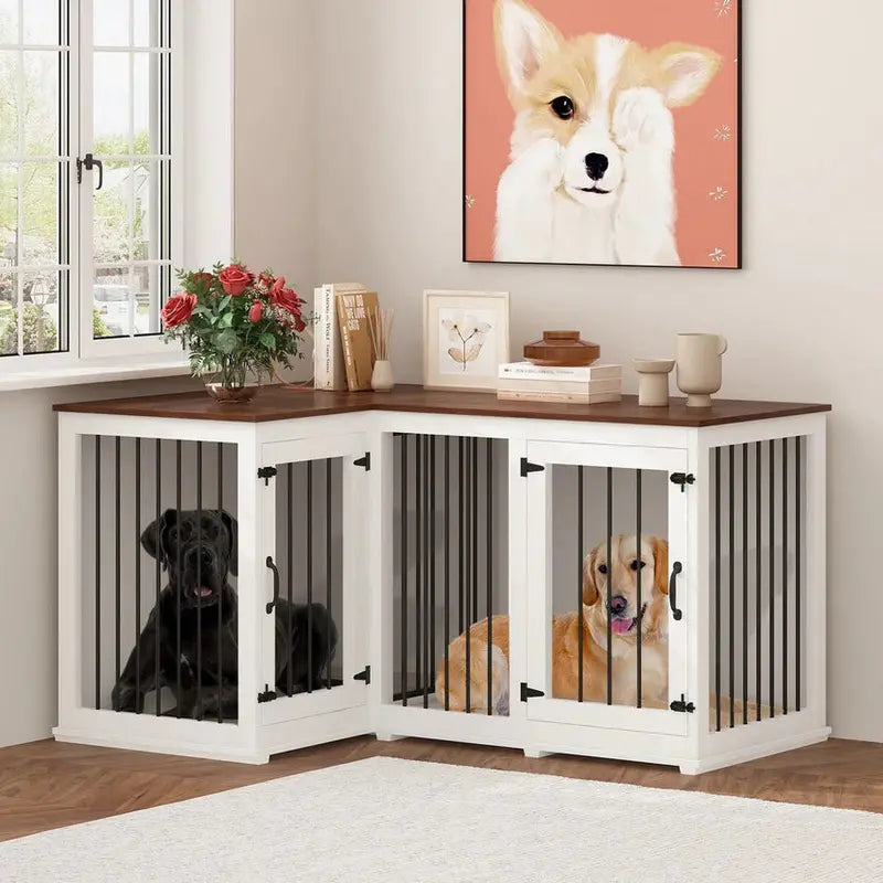 L-Shaped Corner Dog Crate Furniture, 58.7 in x 41.1 in