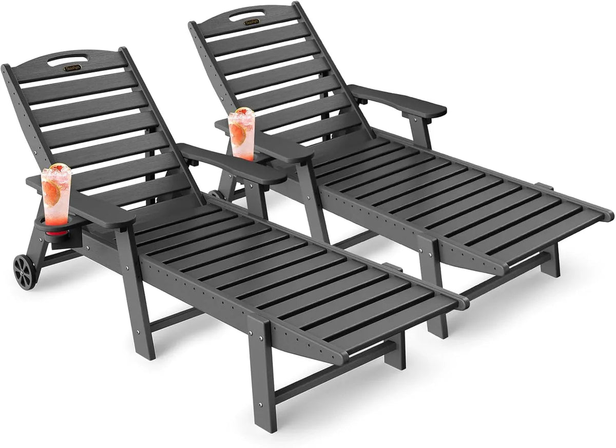 SUUNYN HDPE 6-Position Outdoor Chaise Lounge Chair With Wheels And Cup Holder - Teak