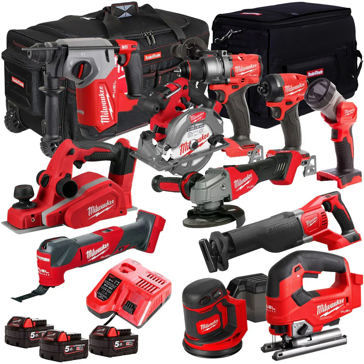 Milwaukee 18V Cordless 11-Piece Tool Kit With 3 x 5.0Ah Batteries, Charger And Bag - T4TM-9