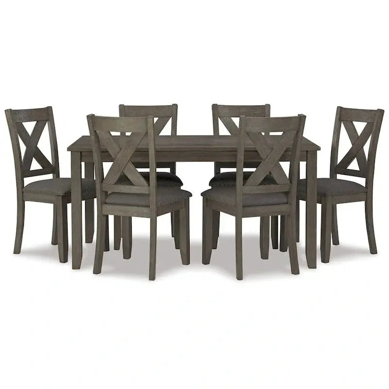 7-Piece Dining Set With Lattice-Back Chairs - Dark Gray Wood Frame & Polyester Upholstery