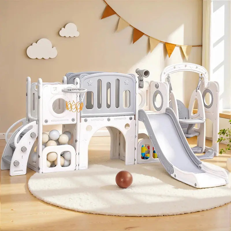 Keezi 4-In-1 Outdoor Play Set With Slide, Swing, Basketball Hoop And Football Ring - Grey And White, 246CM x 147CM x 106.5CM