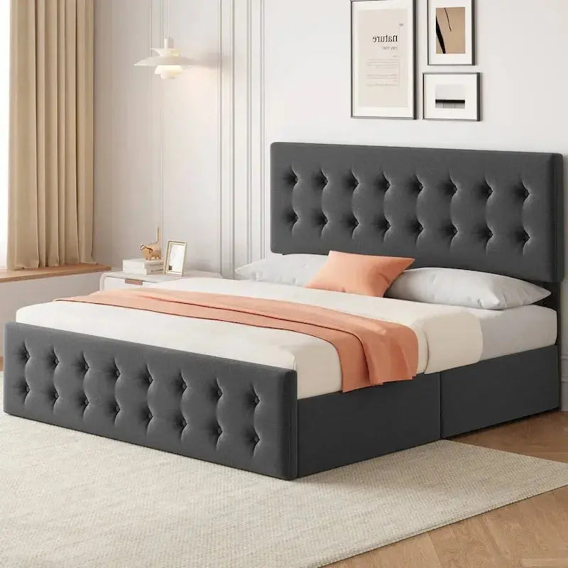 King Platform Bed Frame With Four Under-Bed Storage Drawers And Upholstered Headboard