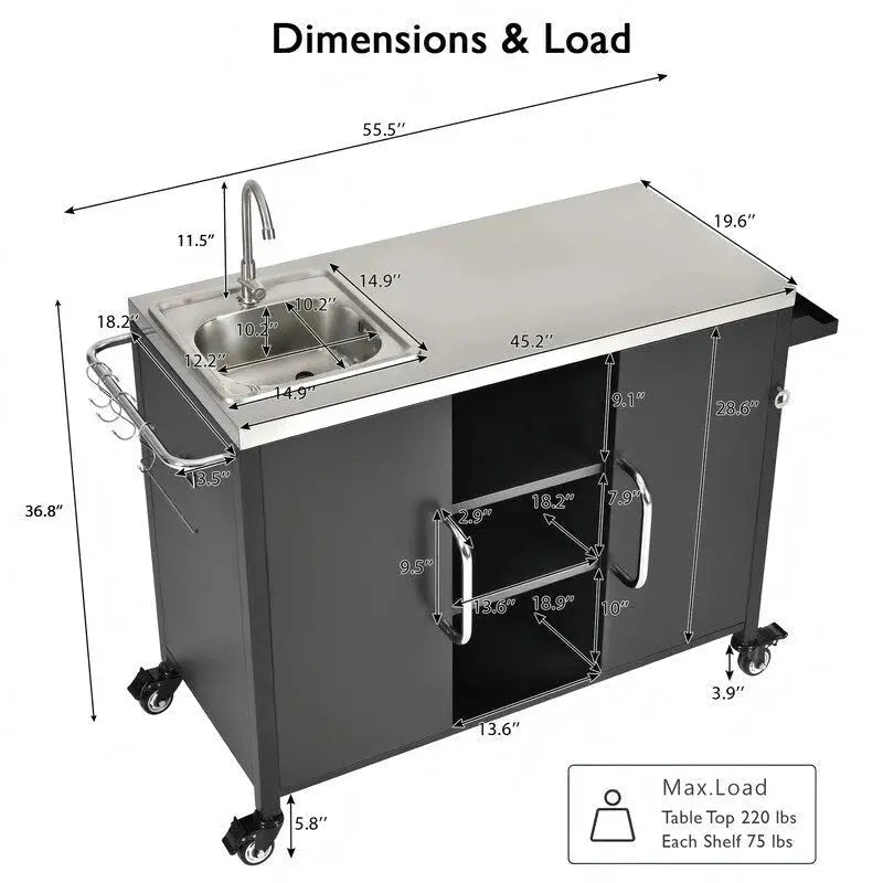 Outdoor Kitchen Island Mobile Bar Cart Station With Built-In Sink And Locking Casters