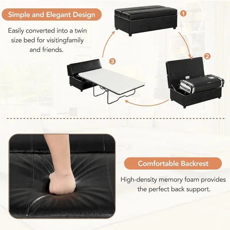 Twin-Fold Ottoman Sleeper Bed With PU Upholstery And Integrated Mattress