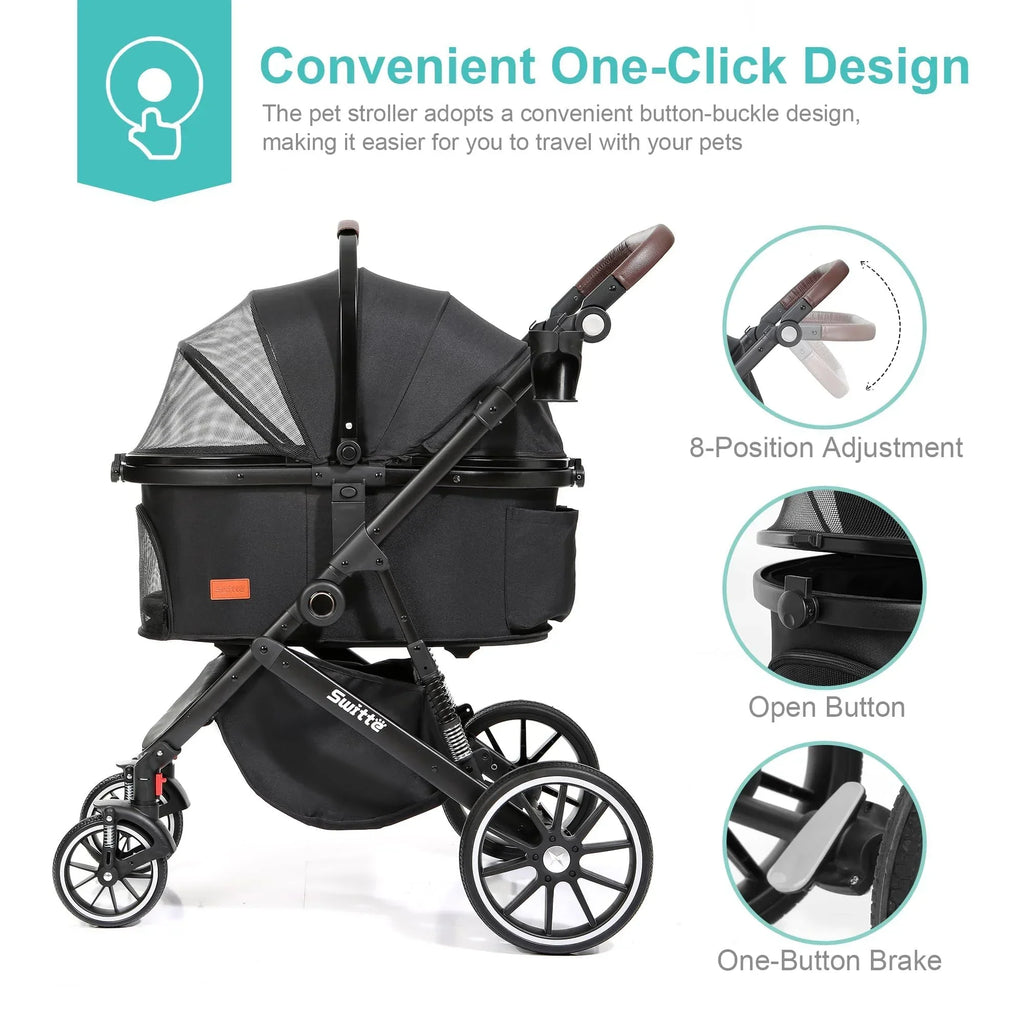 SWITTE 3-In-1 Foldable Pet Stroller With 4 Wheels, Black