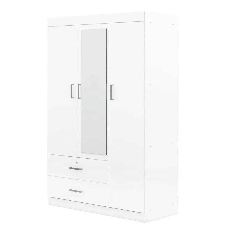 3-Door Mirror-Front Wardrobe With Integrated Shelving And Dual Storage Drawers