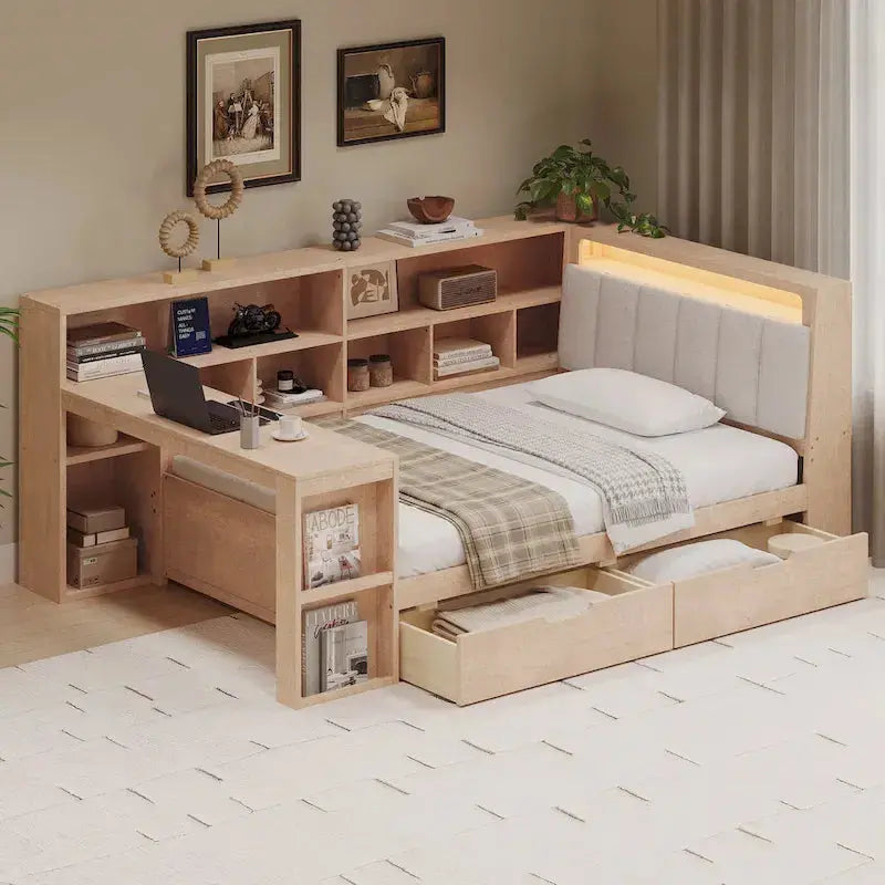 Ivery Furniture L-Shaped Upholstered Daybed With Desk, Bookcase, LED Headboard And Storage