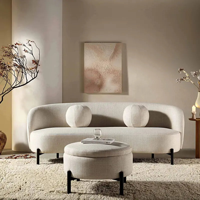 Beige Linen-Blend Curved 3-Seater Sofa With Ball Cushions, W 81.9 x D 37 x H 30.7 in - A120