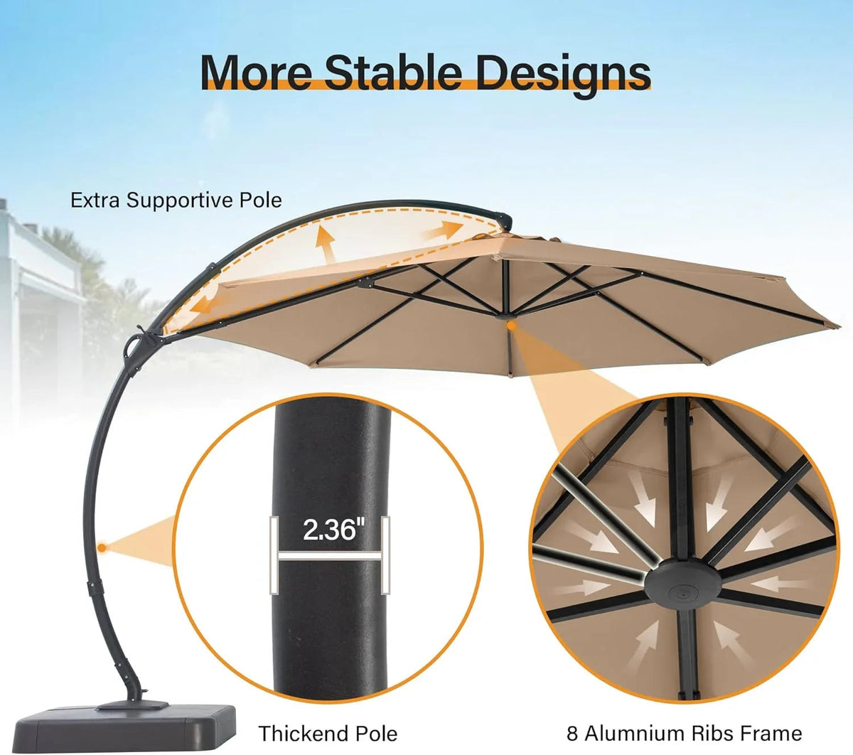 LAUSAINT HOME 11 FT Beige Curvy Cantilever Patio Umbrella With Base