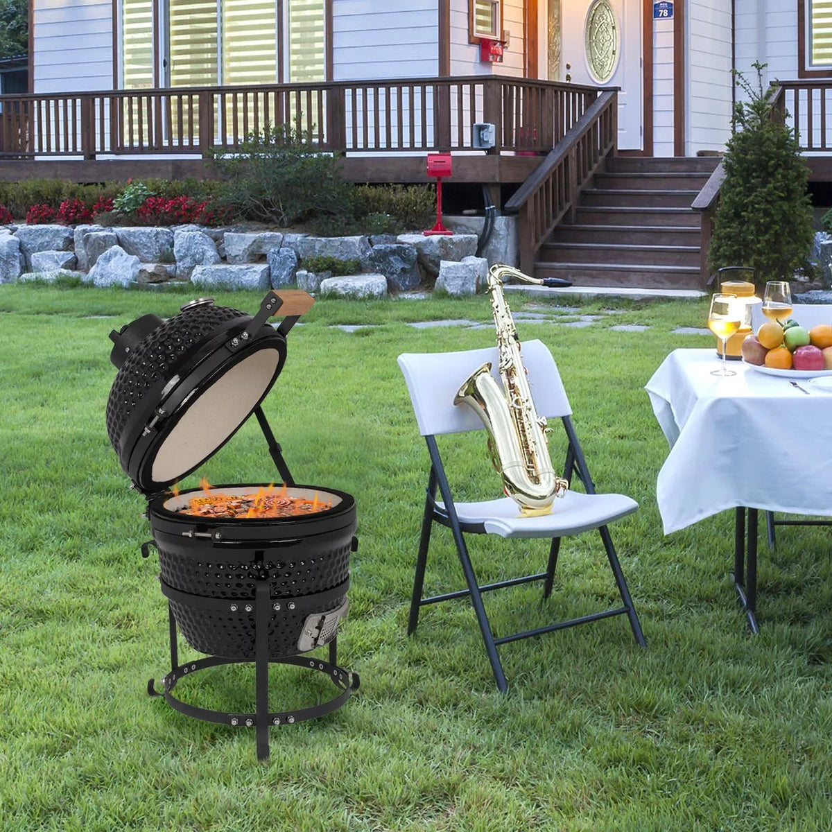 SalonMore 13in Round Ceramic Charcoal Grill - Black