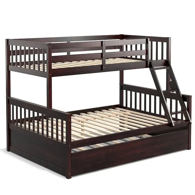 Gymax Twin-Over-Full Bunk Bed With Convertible Twin Trundle - Espresso/White