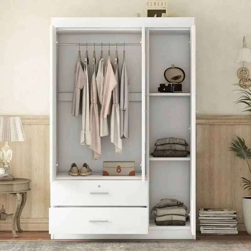 3-Door Mirror-Front Wardrobe With Integrated Shelving And Dual Storage Drawers