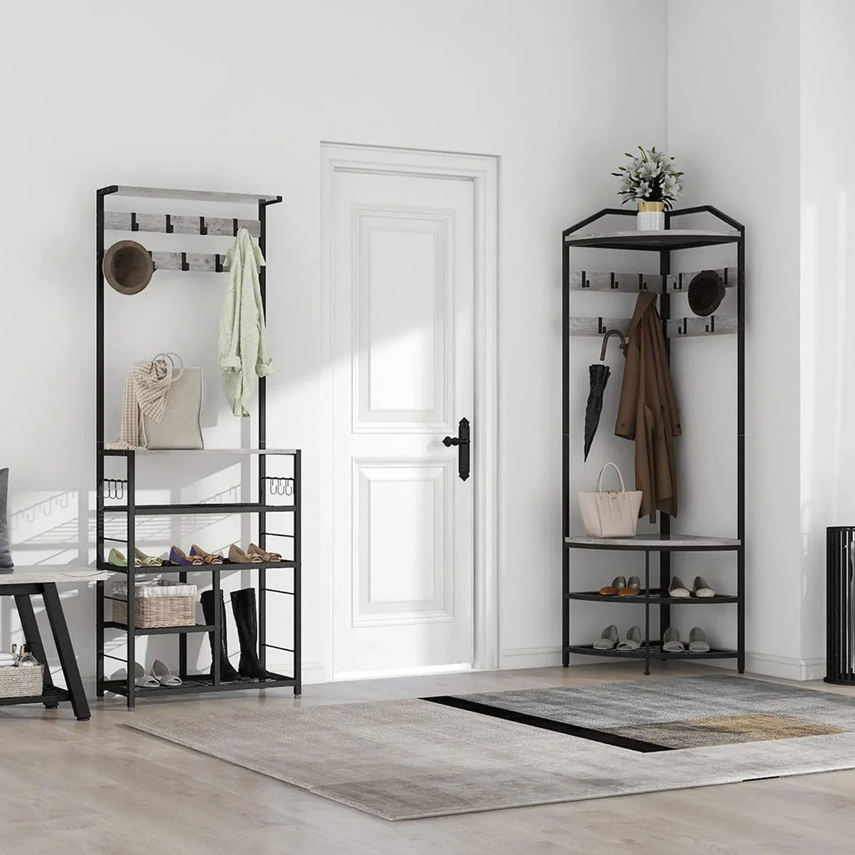 SQRTYVG Corner Hall Tree With Shoe Bench, 10 Movable Metal Hooks, Black - 71.3x18.1x18.1in