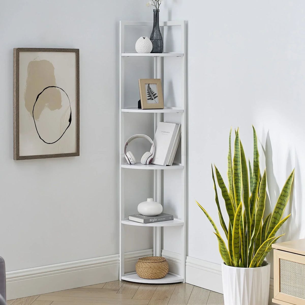 SWAREY 5 Tier Corner Bookcase Plant Stand Storage Shelf White
