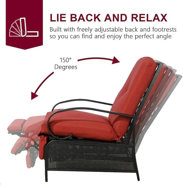 Adjustable Outdoor Reclining Lounge Chair With Cushions, 38 in D x 26.5 in W x 38.5 in H