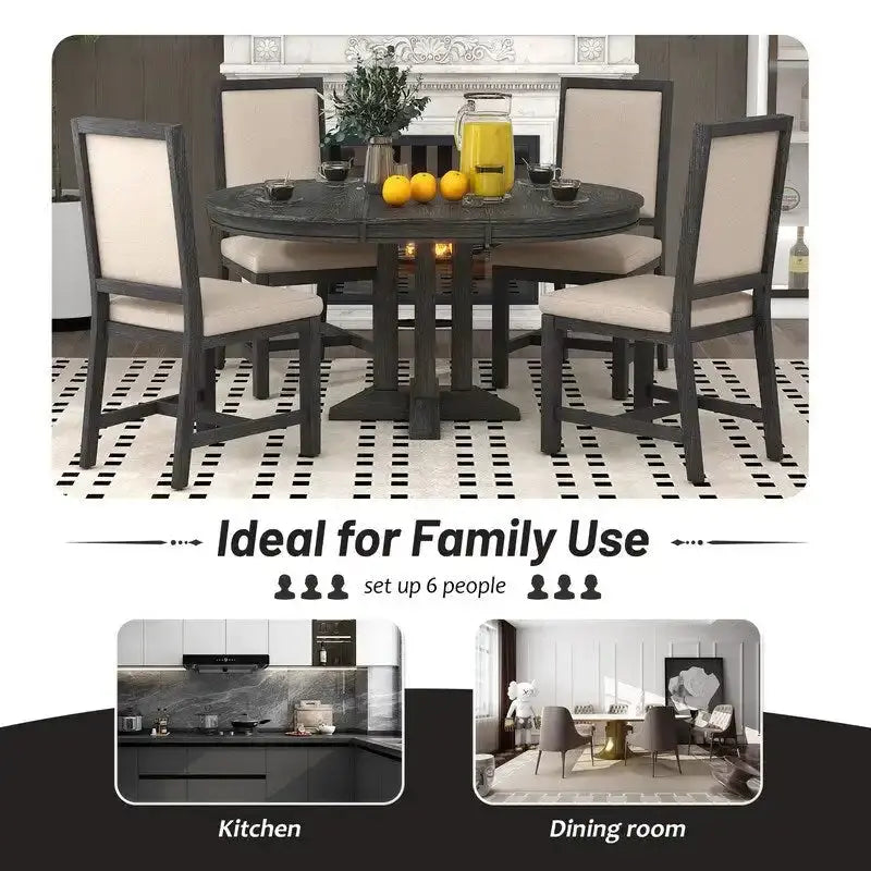 Farmhouse Extendable Round Dining Table Set With 4 Upholstered Chairs - 5-Piece