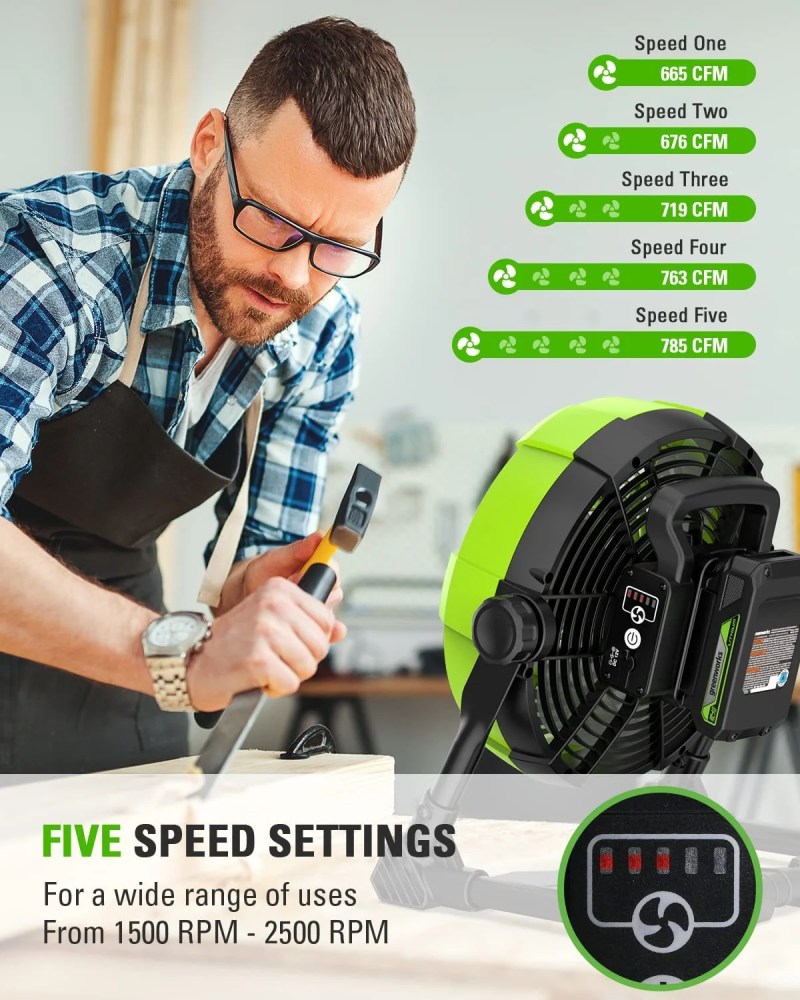 Greenworks 24V 10in 5-Speed Fan 500 CFM With 2.0Ah USB Battery And Charger
