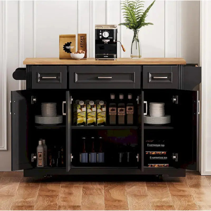 Rubberwood Rolling Kitchen Island Cart, 54.1L x 29.5W x 35.9H, 4 Doors, 3 Drawers