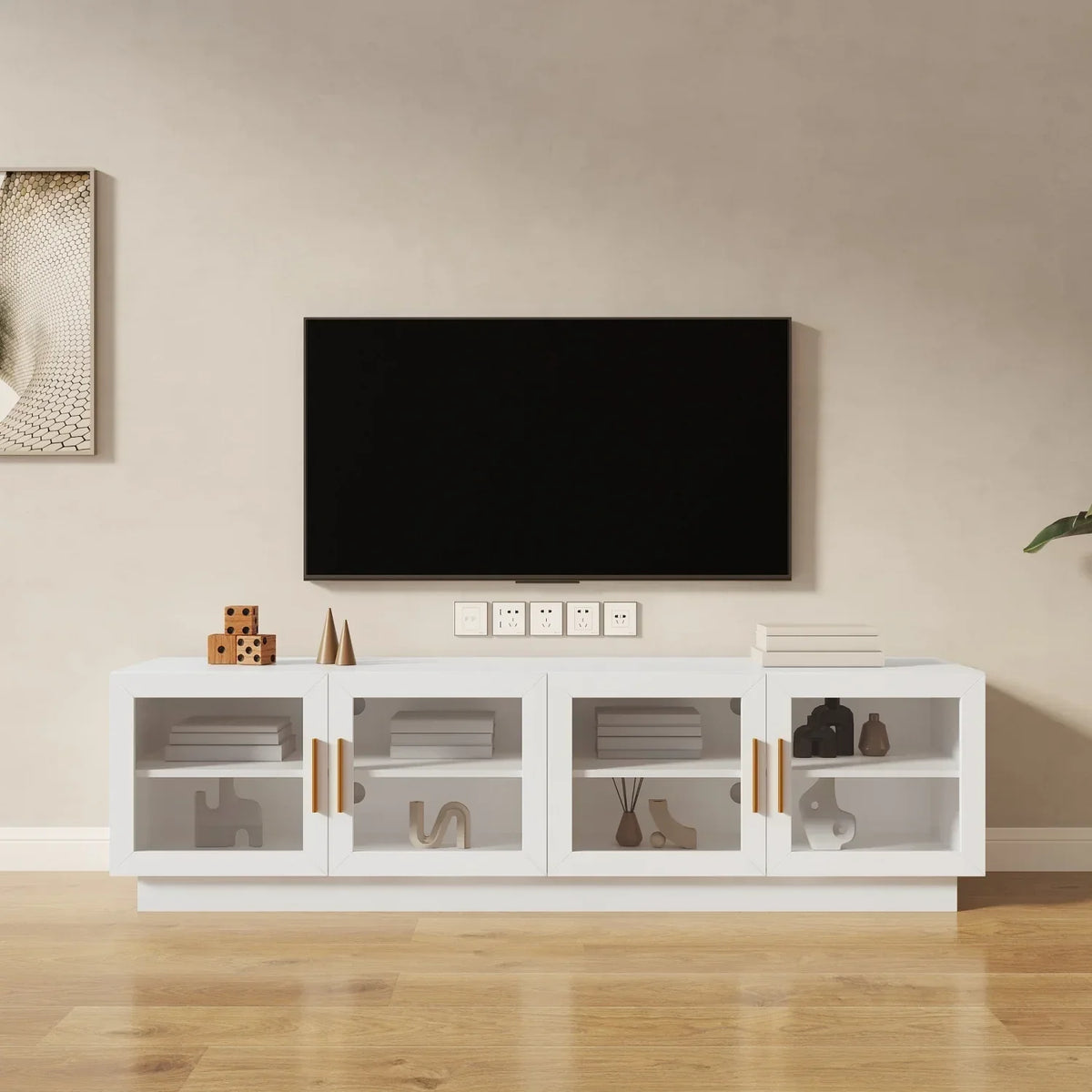 Wood TV Stand And Storage Cabinet With Shelves, White, 70.87in Length