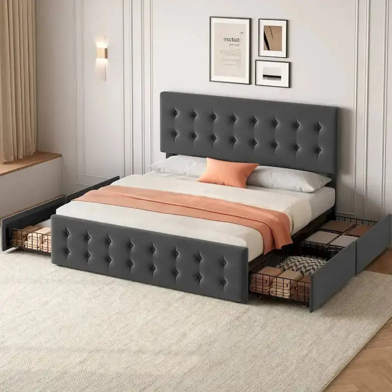 King Platform Bed Frame With Four Under-Bed Storage Drawers And Upholstered Headboard