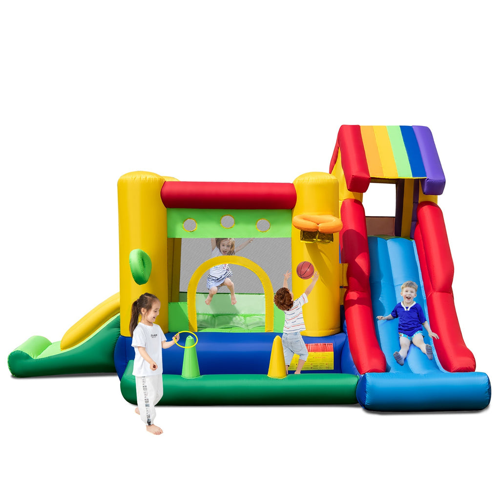 Costway 7-In-1 Rainbow Kids Inflatable Bounce Castle, 151.5 x 128 x 90.5 in, 50 Ocean Balls, 735W Blower