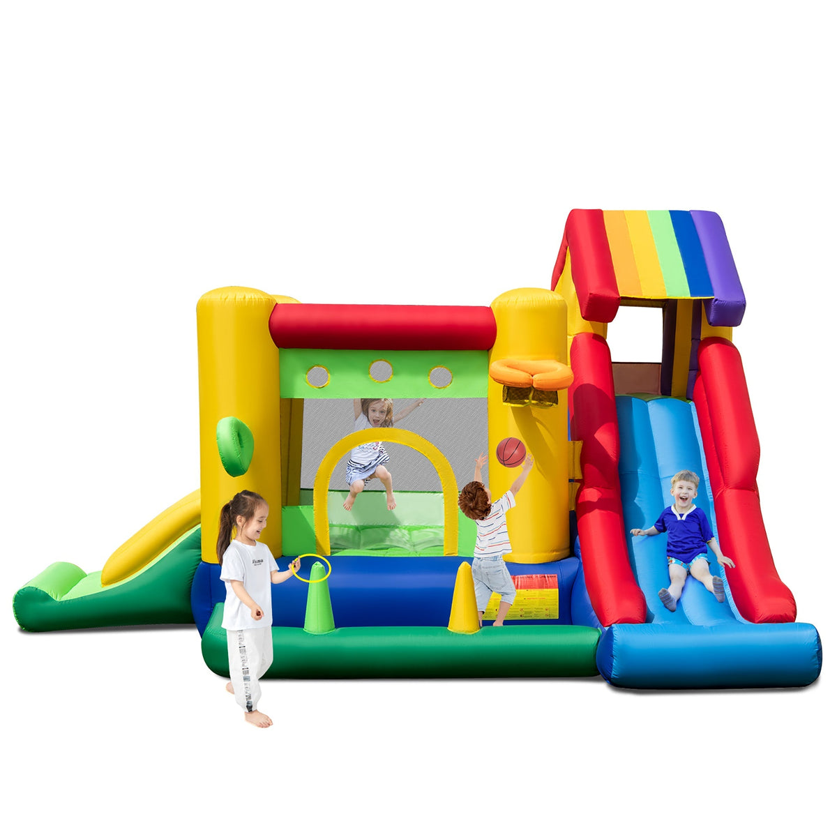 Costway 7-In-1 Rainbow Kids Inflatable Bounce Castle, 151.5 x 128 x 90.5 in, 50 Ocean Balls, 735W Blower