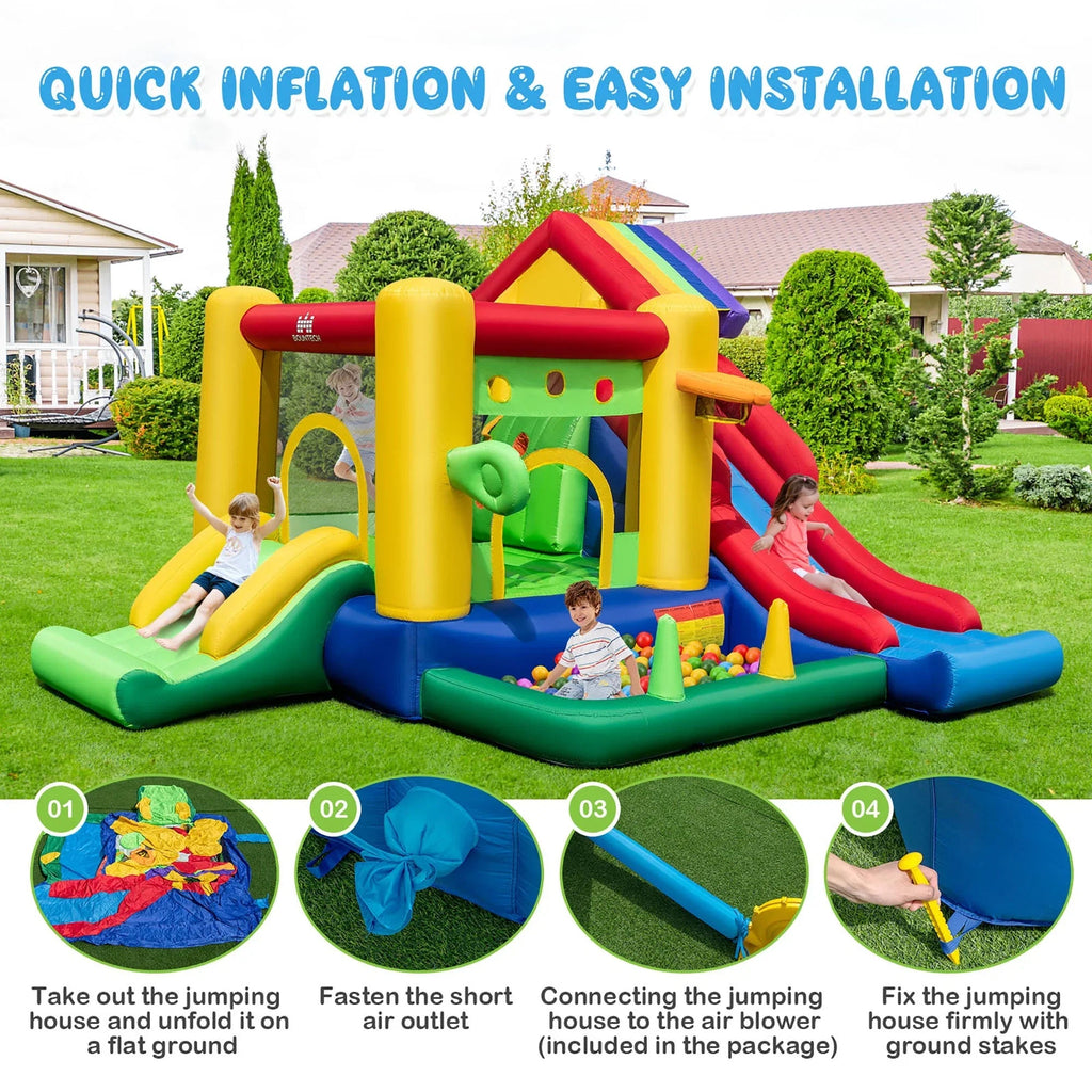 Costway 7-In-1 Rainbow Kids Inflatable Bounce Castle, 151.5 x 128 x 90.5 in, 50 Ocean Balls, 735W Blower