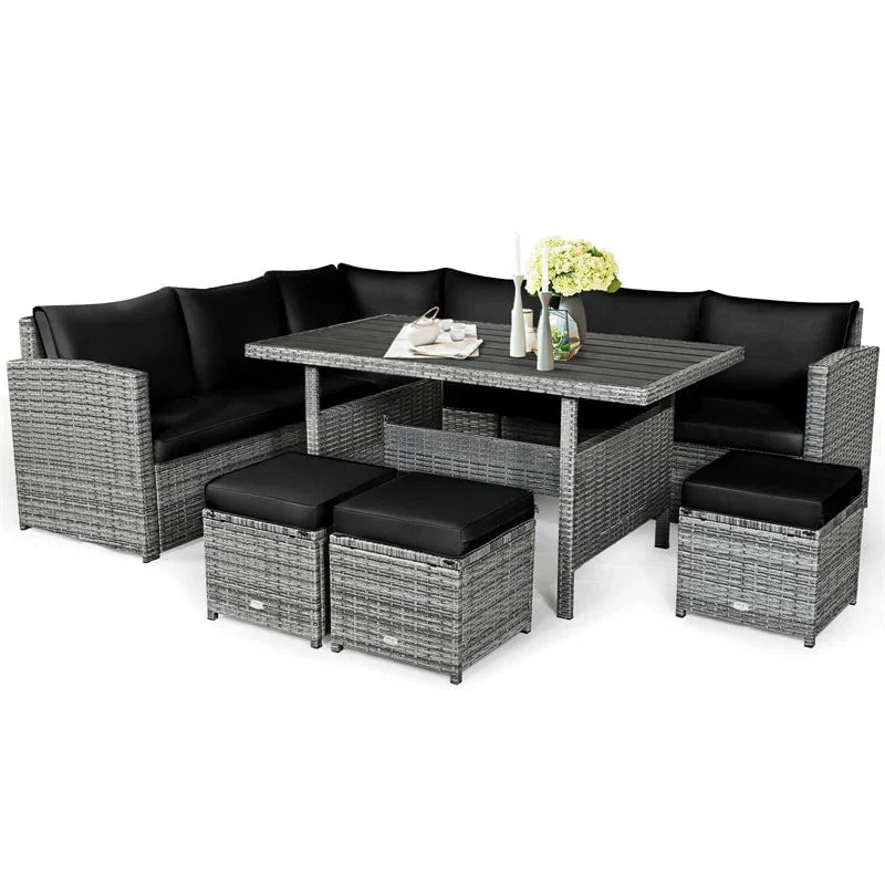 7-Piece Resin Wicker Outdoor Sectional Sofa Set With Dining Table, Ottomans And Cushions