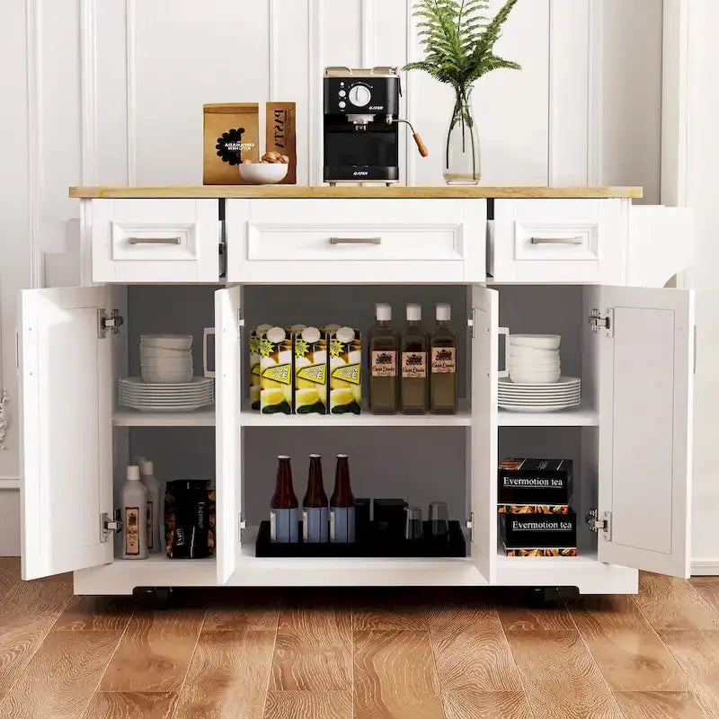 White Rolling Kitchen Island Cart With Drop-Leaf Wood Top, Embossed Finish, Doors And Drawers