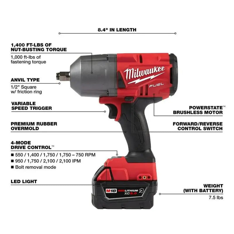 Milwaukee M18 FUEL 1/2 in High-Torque Impact Wrench Kit With Friction Ring Drive - 2767-22R