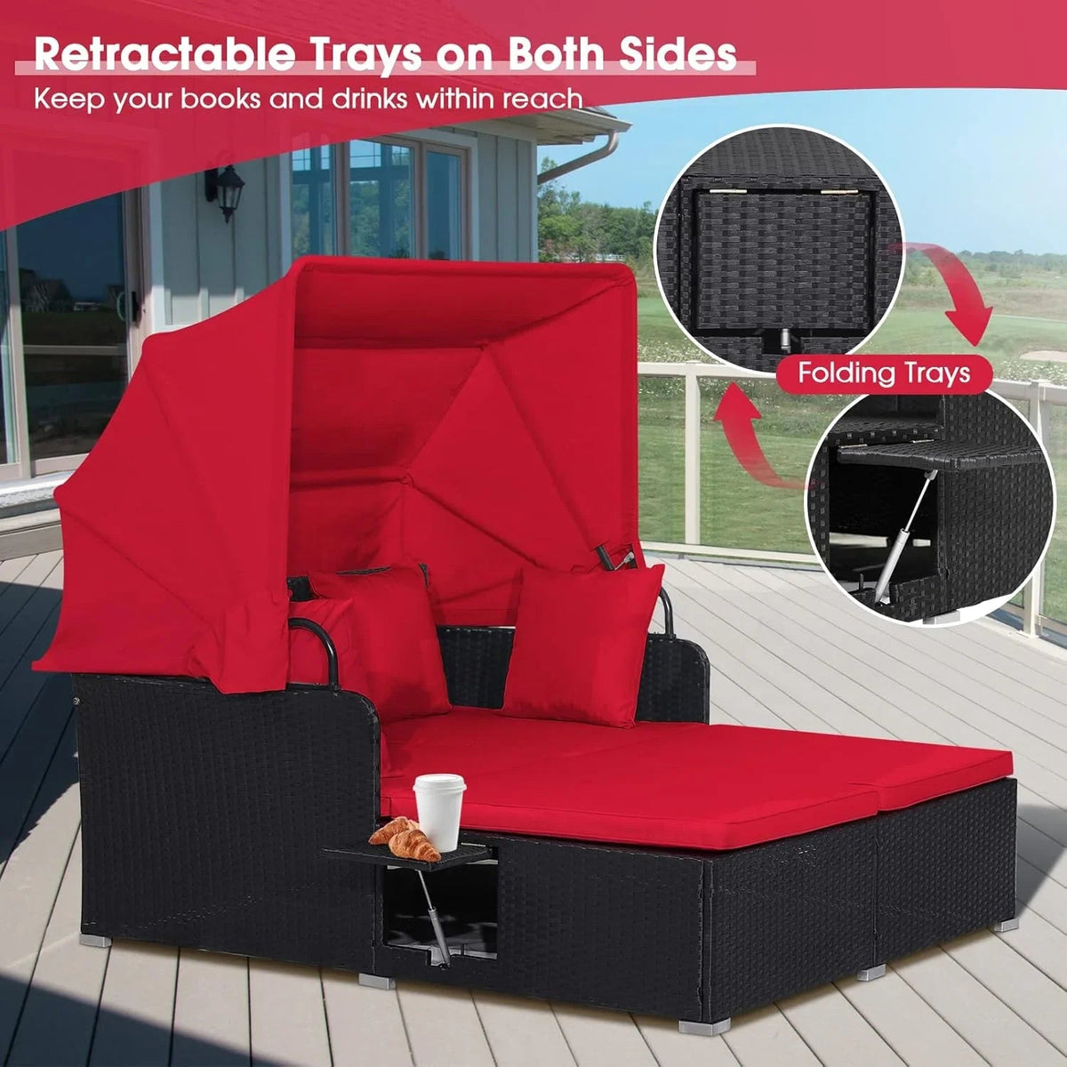 RELAX4LIFE Patio Daybed With Canopy, Cushions, 4 Pillows And 2 Side Trays, Turquoise - B0BYSN7GC7