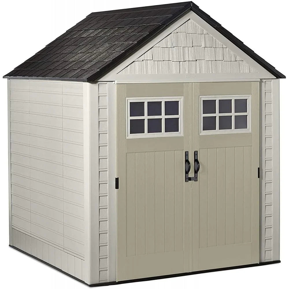 Rubbermaid Resin Outdoor Garden Storage Shed With Windows And Utility Hooks, Sand - 7x7 Ft