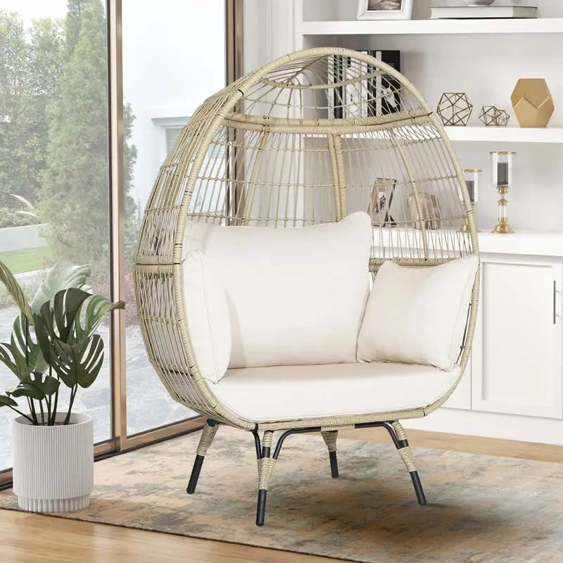 Oversized Wicker Egg Lounge Chair With Four Cushions - Steel-Framed Indoor/Outdoor Basket Seating