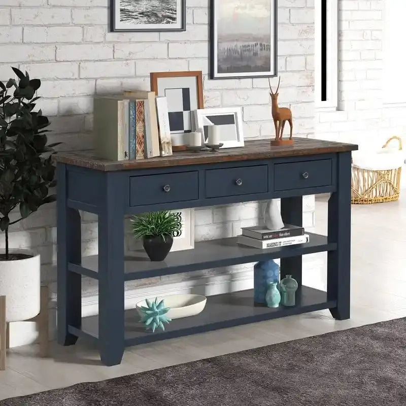 Rustic Wood Console Table With 3 Drawers And 2 Open Shelves - 29.92 H x 48.82 W x 15.75 D