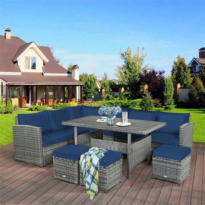 7-Piece Resin Wicker Outdoor Sectional Sofa Set With Dining Table, Ottomans And Cushions