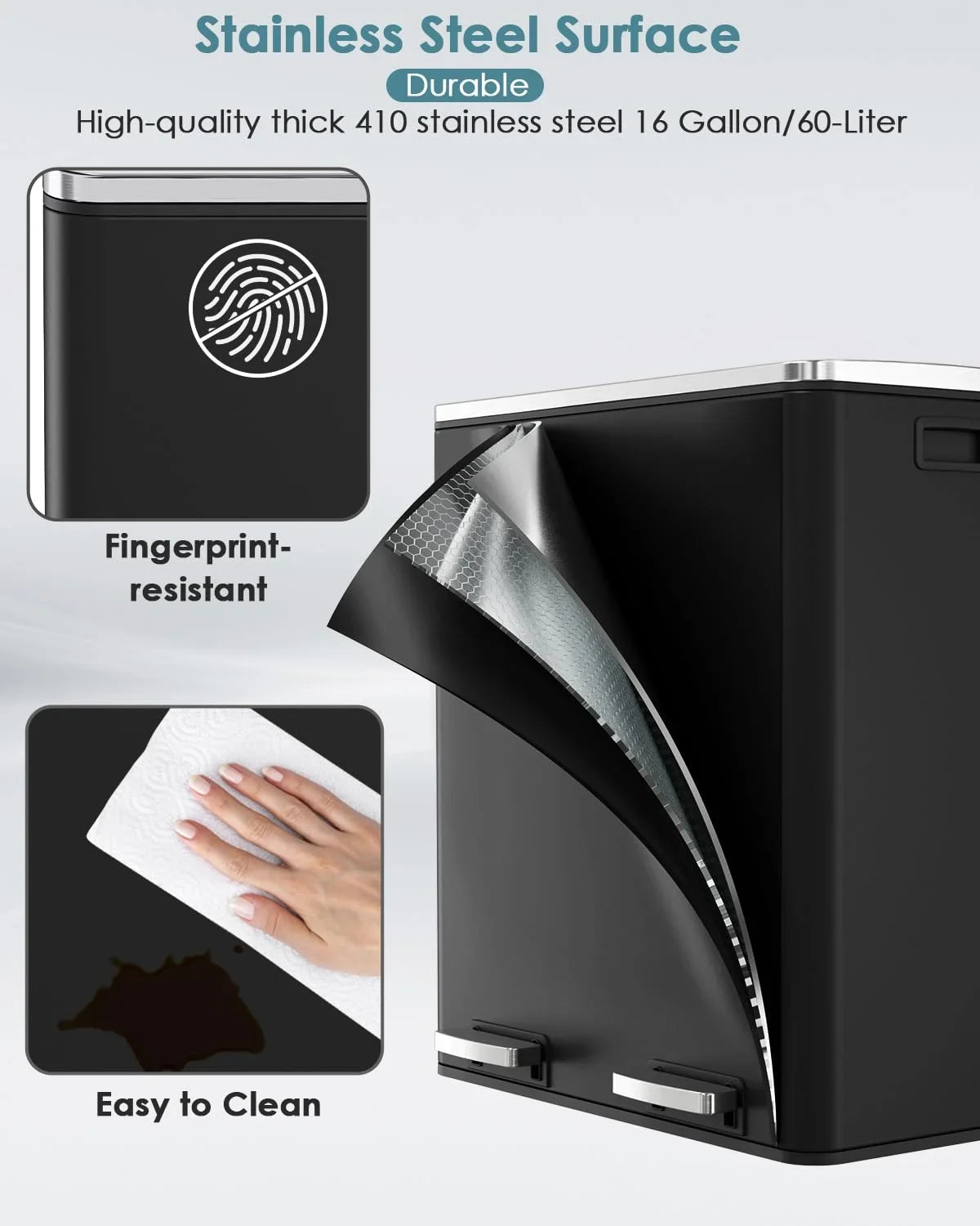 Arlopu Dual Kitchen Trash Can, 60 L/16 gal, Stainless Steel, Black