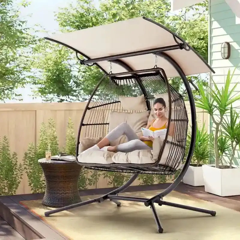 Double Outdoor Swing Loveseat With Stand, Awning And Cushions - Beige