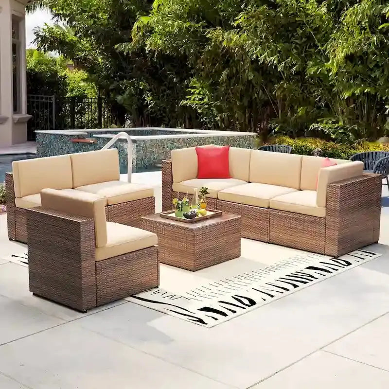 7-Piece PE Rattan Outdoor Sectional Set With Wicker Patio Sofa And All-Weather Cushions