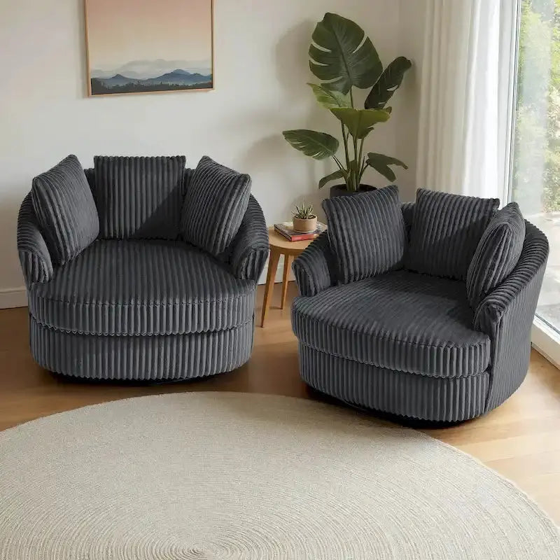 2 Oversized Corduroy Swivel Barrel Chairs, 43.2 W x 39.3 D x 31.4 H