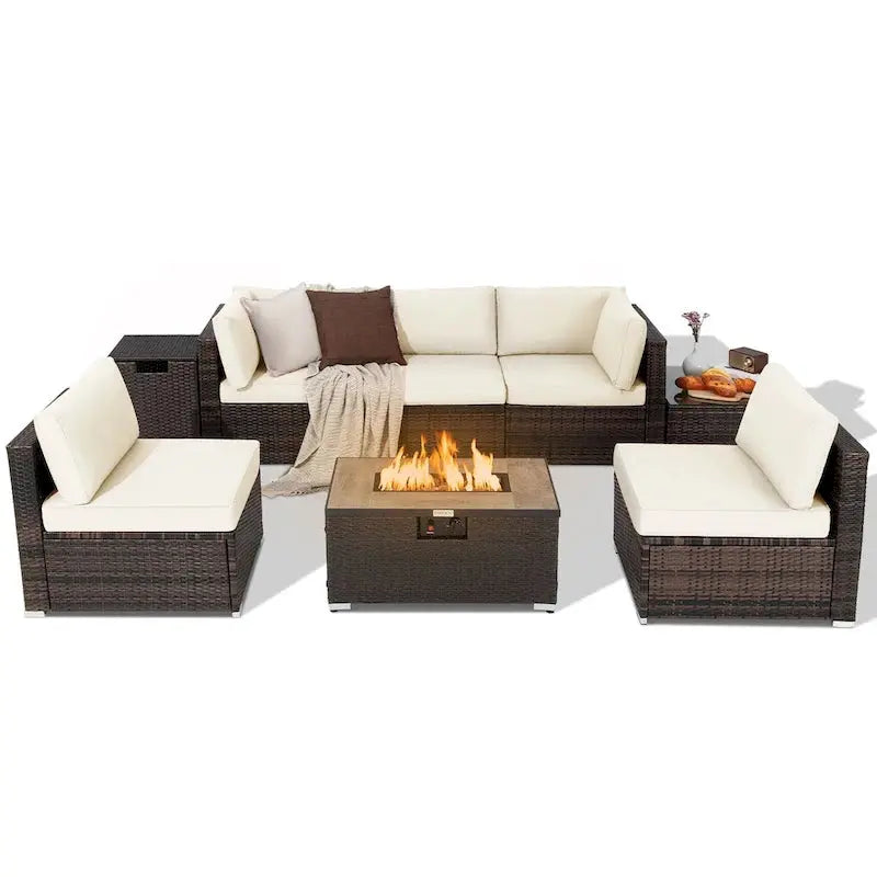 8-Piece All-Weather PE Rattan Patio Conversation Set With Fire Pit Table, Tank Holder And Cover